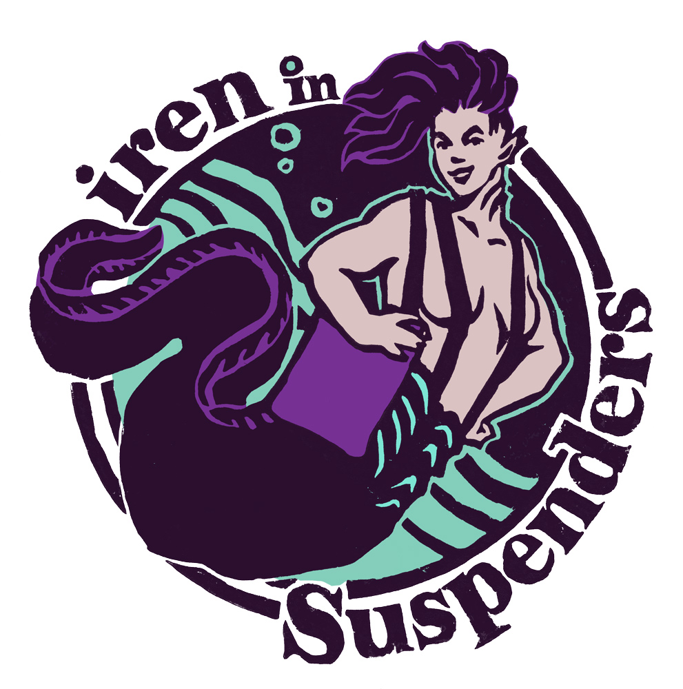 Siren in Suspenders logo: a mermaid in suspenders, circled by the business name